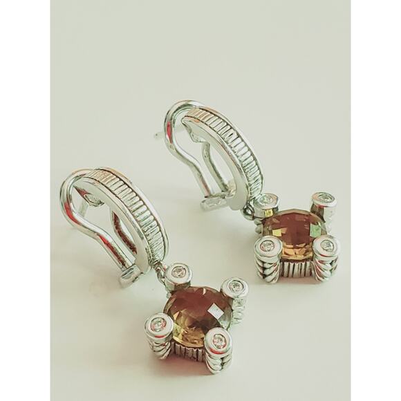 Judith Ripka 925 Sterling Silver Smoky Quartz CZ Dangle Drop Earrings Designer - Picture 1 of 5